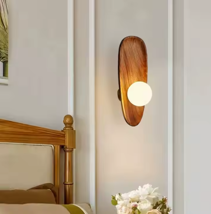 Applique murale en bois perle lumineuse lit et bouquet de fleurs