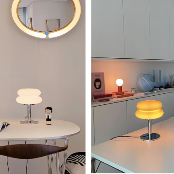 Lampe de chevet style italien blanche sur table et beige dans la cuisine