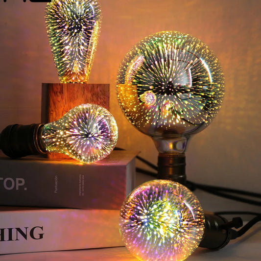 Ampoule LED effet feu d'artifice plusieurs tailles sur table 