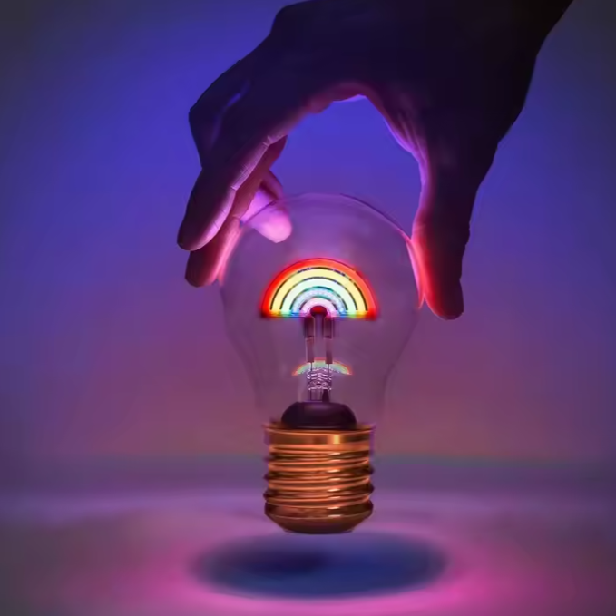 Ampoule led rechargeable arc-en-ciel porté par une main 
