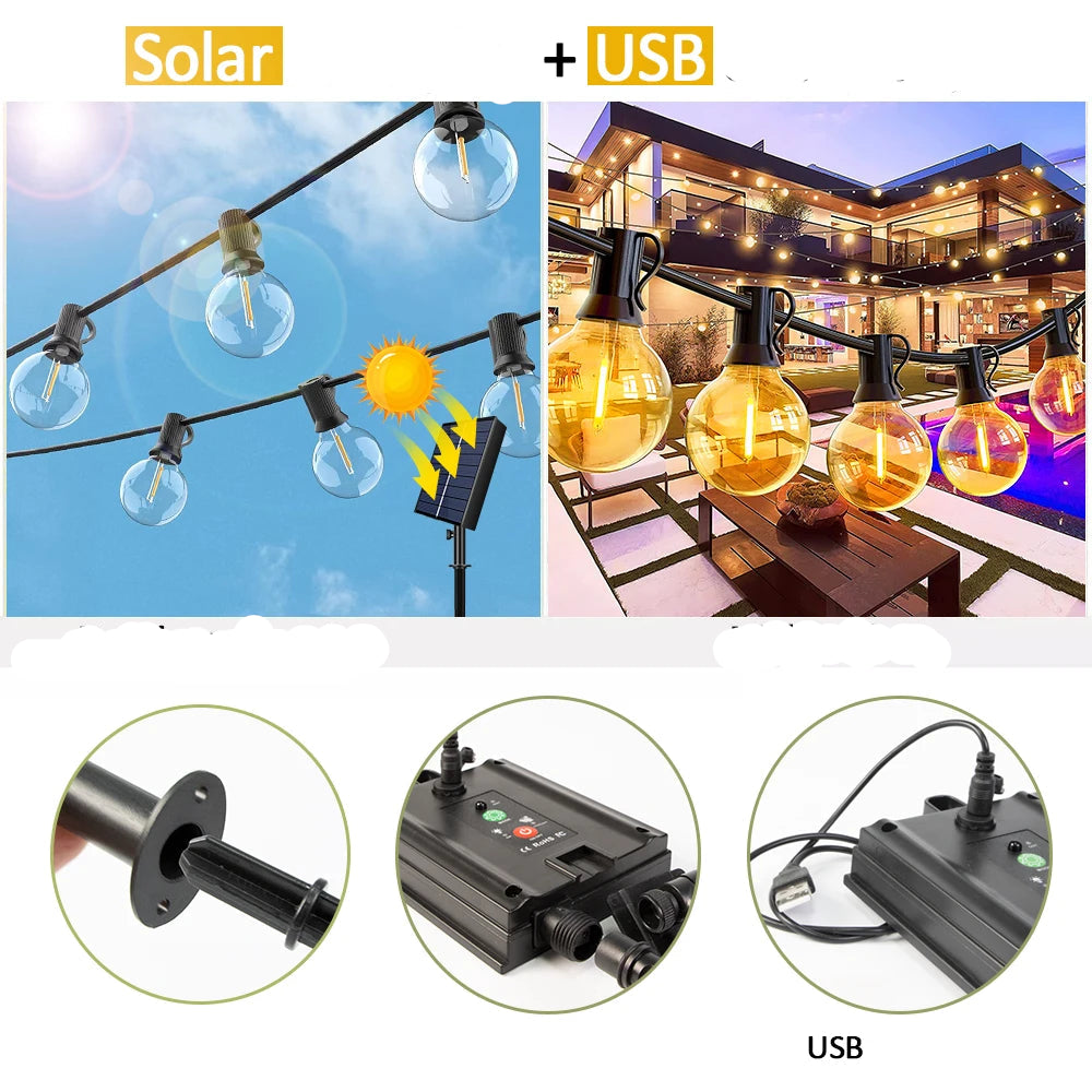 Guirlande lumineuse extérieur allumée et éteinte avec panneau solaire 