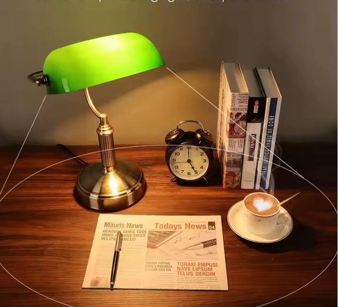  Lampe à poser abat-jour en verre vert à côté des livres un réveil et une tasse de café