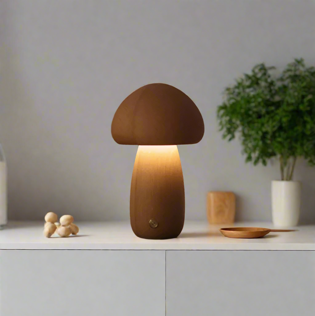 Lampe de chevet LED petit champignon sur meuble de salon blanc  