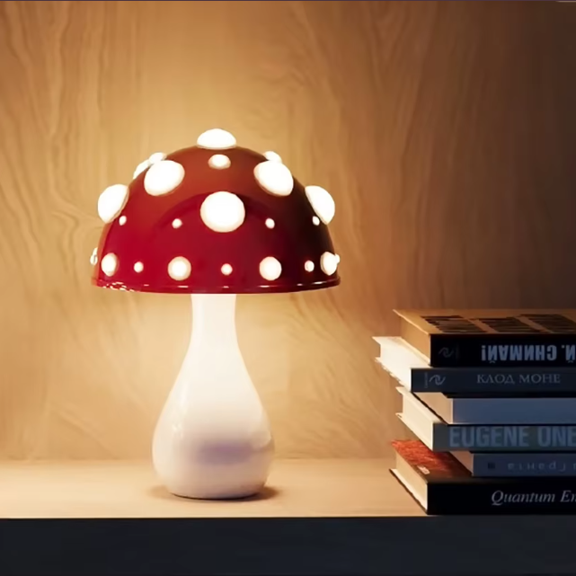 Lampe de chevet champignon AMANITA  et des livres 