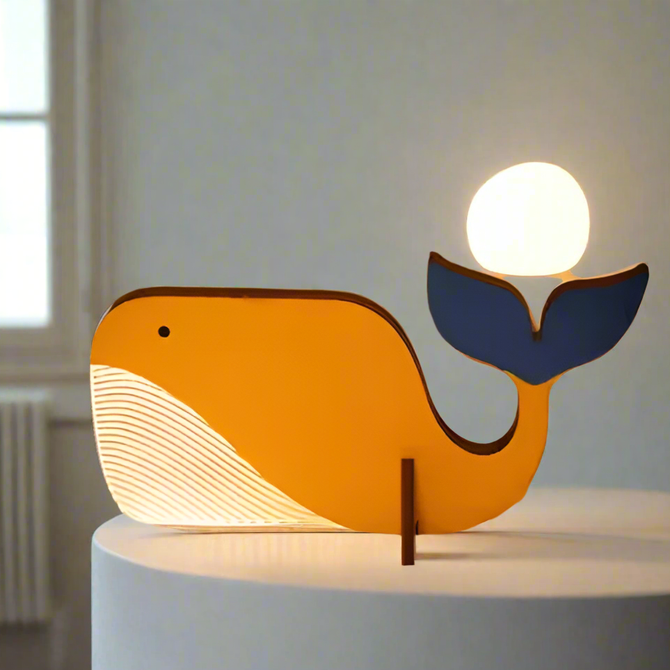 Lampe de chevet en bois baleine allumé