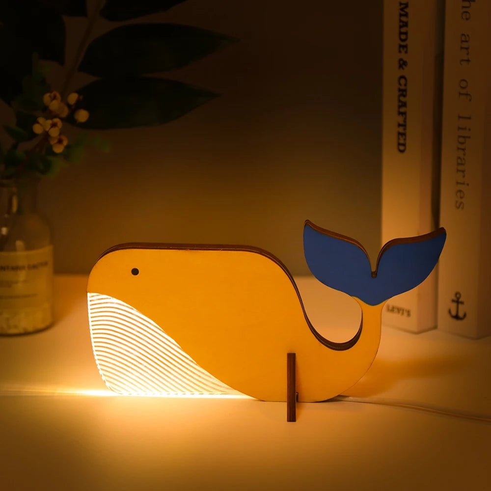 Lampe de chevet en bois led baleine allumé 