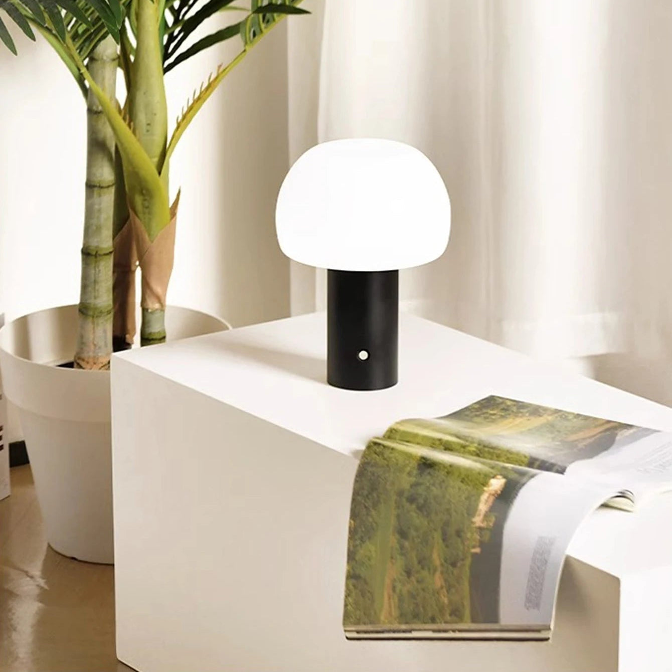 Lampe de table rechargeable sur un meuble  