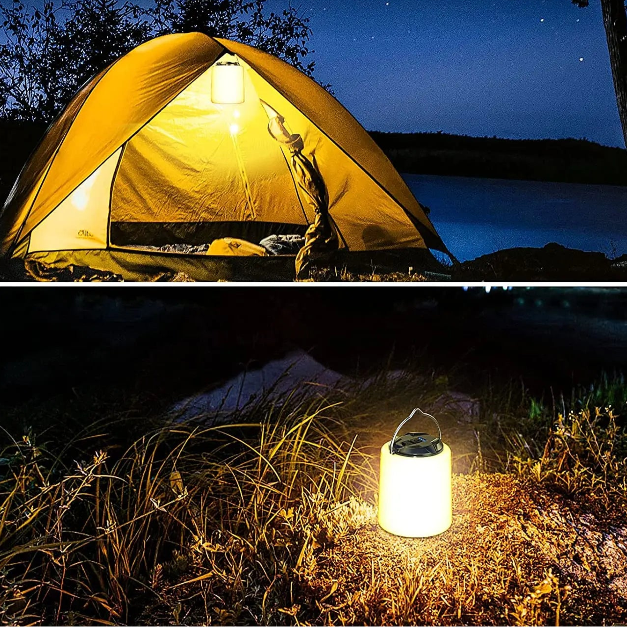 Lampe de table rechargeable sur un rocher et un lac 