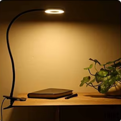 Lampe led à pince allumée avec une plante 