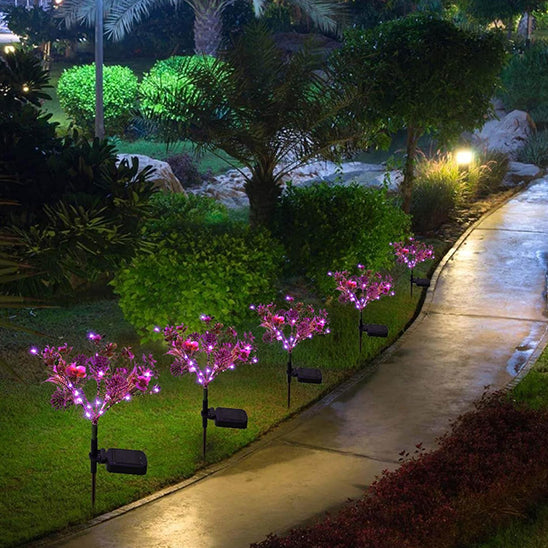 Lampe solaire extérieur en forme d'orchidée plusieurs sur une allée de jardin 