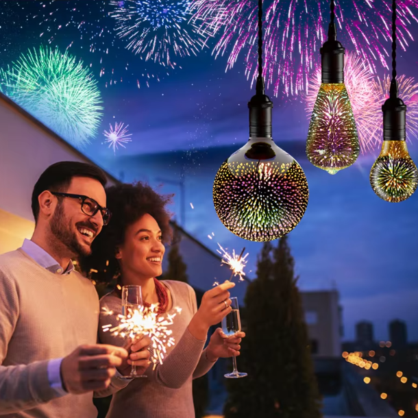 Un homme et une femme avec ampoule LED effet feu d'artifice  