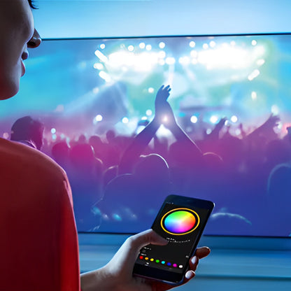 Une femme avec la télécommande et Bande lumineuse led 