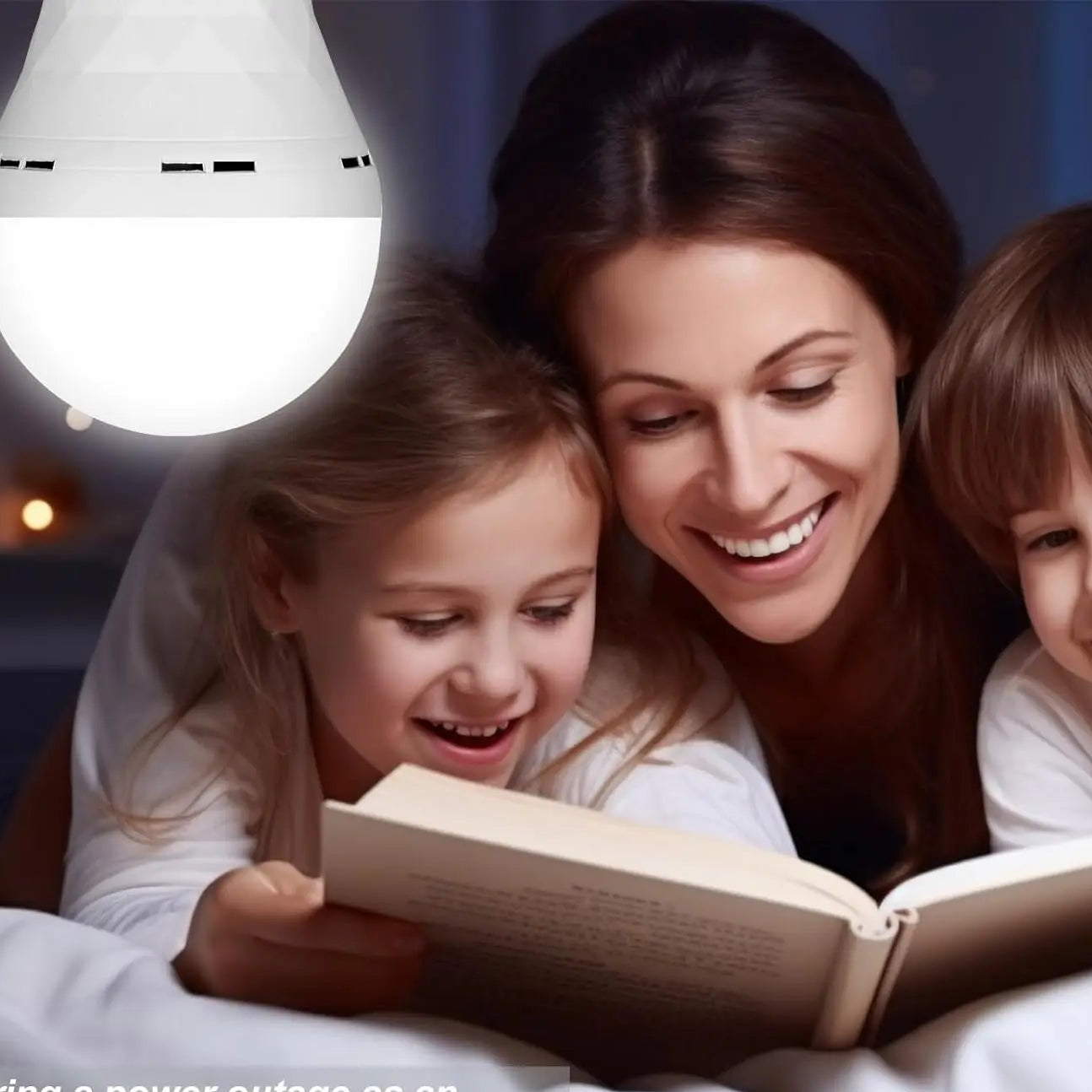 Une femme et deux enfants avec   ampoule rechargeable USB  