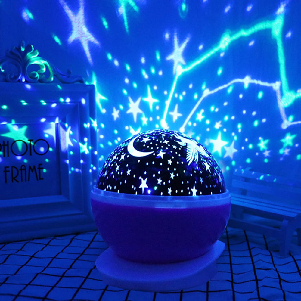 Veilleuse projecteur rotative violet allumé dans une chambre 