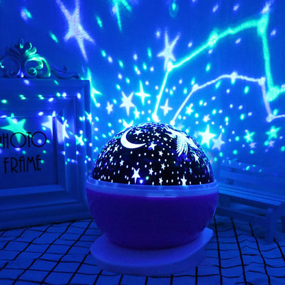 Veilleuse projecteur rotative violet allumé dans une chambre 