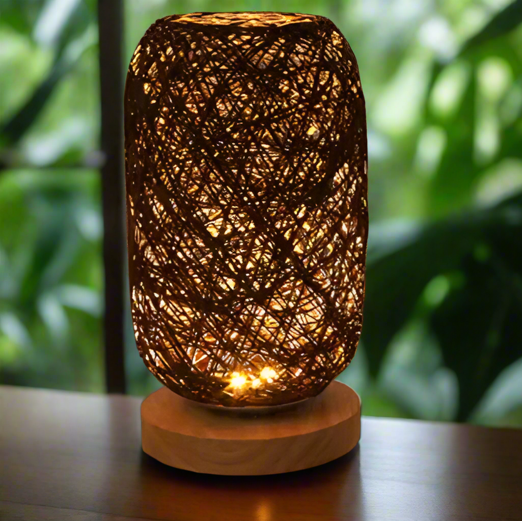 Lampe de chevet artisanale en rotin marron allumé et plantes 