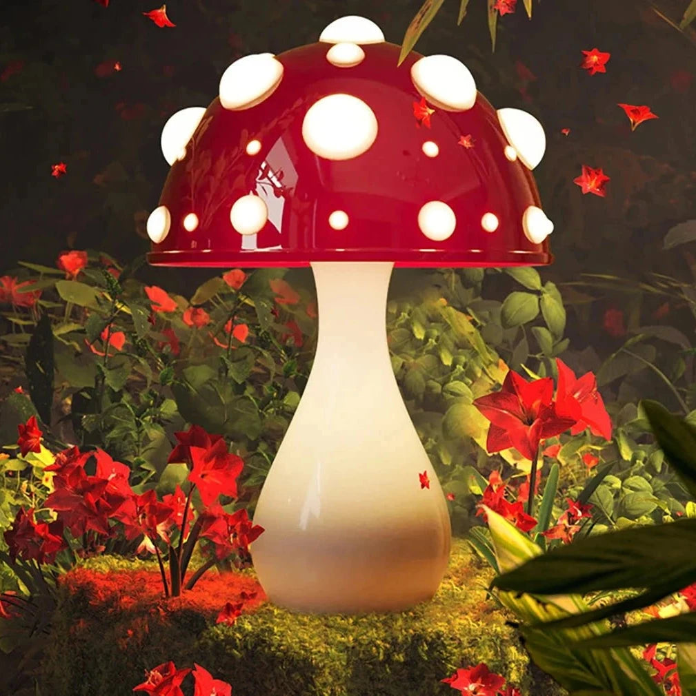Lampe de chevet champignon AMANITA allumé et des fleurs 