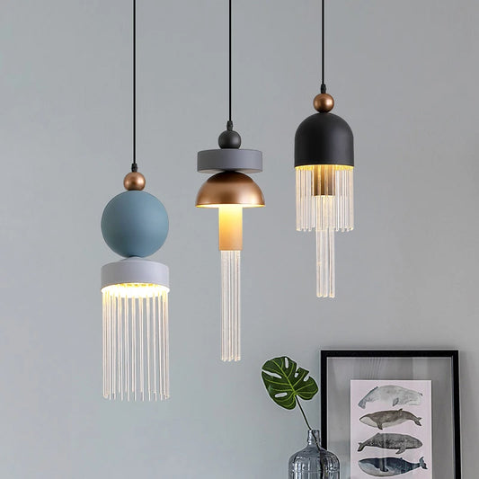 Suspension led en forme de macaron gris bleuet doré 