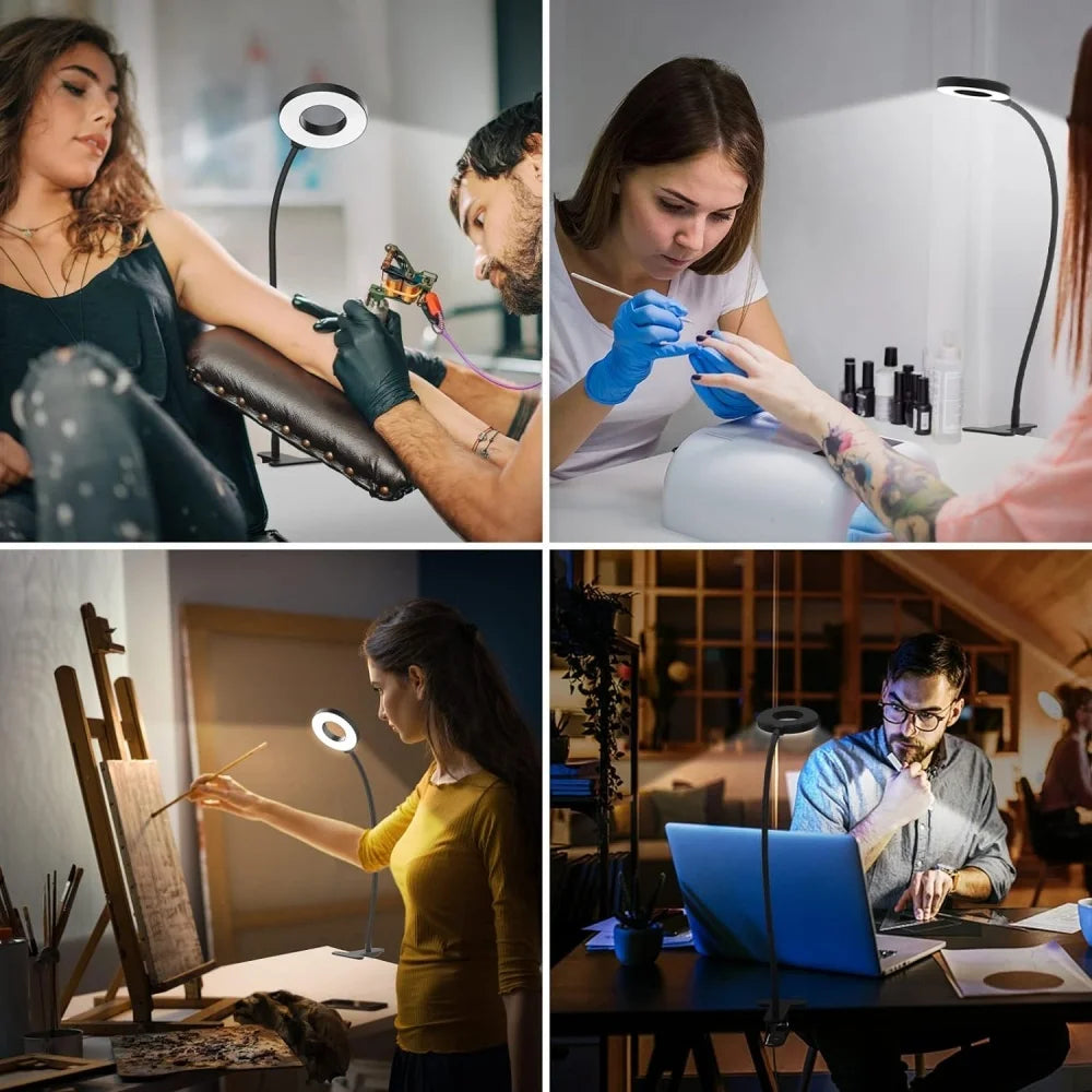 un tatoueur un peintre une femme fait de la manucure avec lampe led à pince 